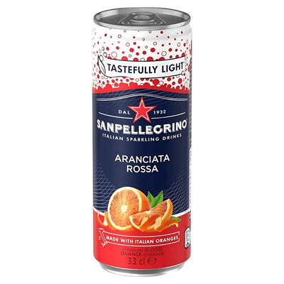 A 330ml can of Sanpellegrino Italian Sparkling Orange & Blood Orange Drink features images of oranges and the label "Tastefully Light" on top.