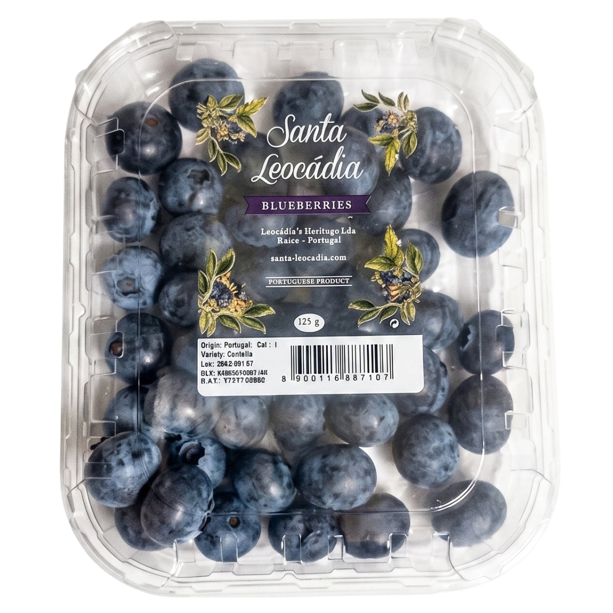 Santa Leocadia Blueberries - 125g, in a clear plastic container with product and origin details on the lid—fresh, ready to eat, and ideal for convenient UK delivery.