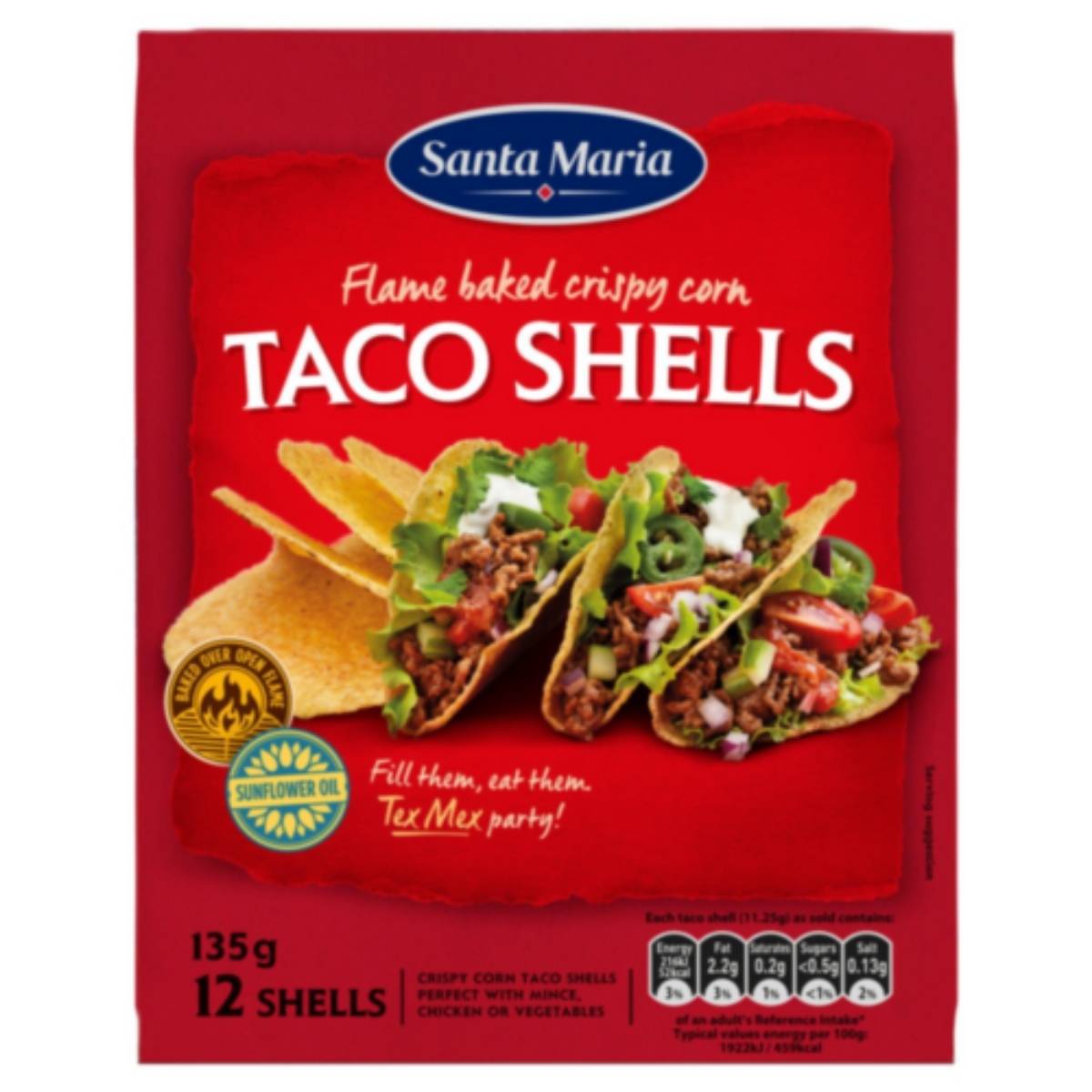 Red box of Santa Maria - Taco Shells Flames Baked Crispy Corn - 135g featuring an image of filled taco shells and nutritional information on the front.