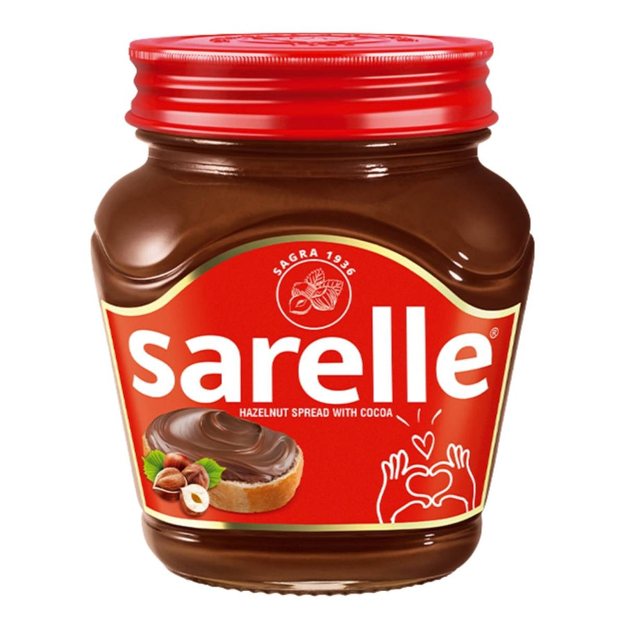 A 350g jar of Sarelle Hazelnut Spread With Cocoa, featuring a red lid and label with a slice of bread topped with rich hazelnut spread and whole hazelnuts.