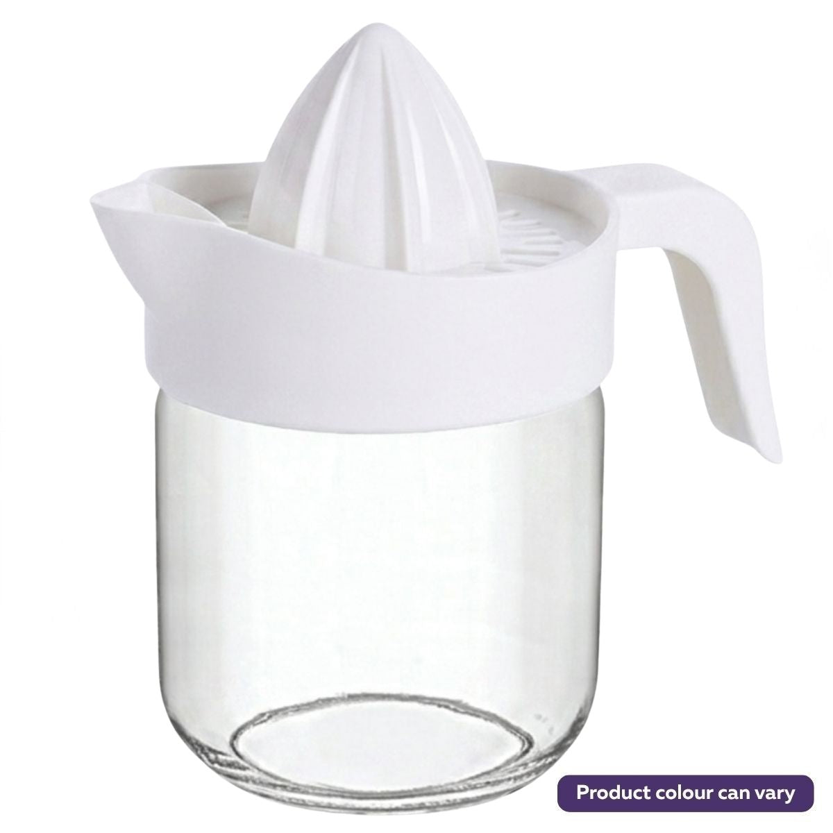 The Sarinacam Pearl Lemon Juicer features a white plastic reamer and handle, paired with a 425ml clear glass jar for easy citrus pressing.