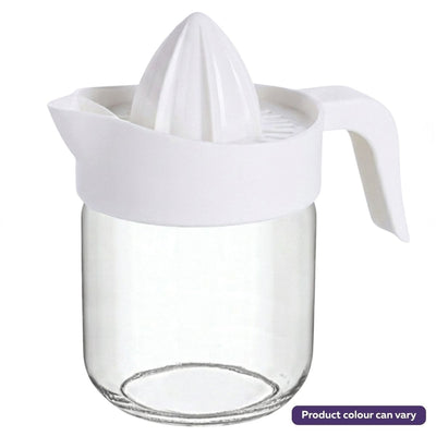The Sarinacam Pearl Lemon Juicer features a white plastic reamer and handle, paired with a 425ml clear glass jar for easy citrus pressing.