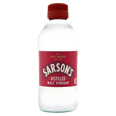 A 284ml clear plastic bottle of Sarson’s Distilled Malt Vinegar with a red cap and label showing the Sarson’s brand name and product type.