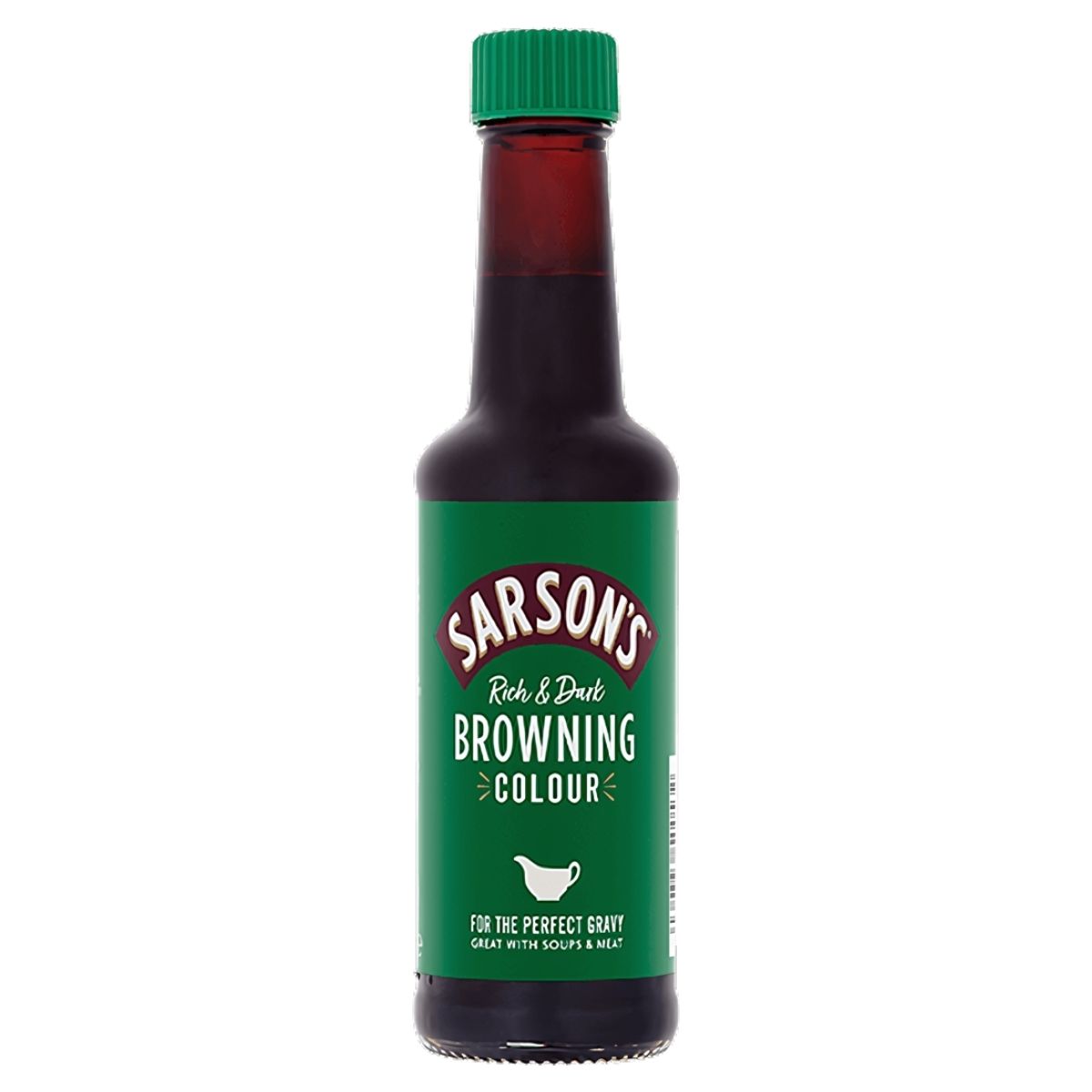 A 150ml bottle of Sarson's Gravy Browning, featuring a green label and cap, is ideal for infusing rich flavor and deepening the color of gravies, stews, soups, and meats.