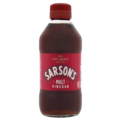 A 284ml bottle of Sarson's Malt Vinegar stands upright with its signature red label and cap, set against a plain white background.
