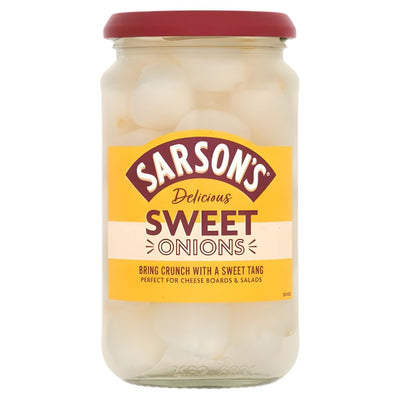 A 460g jar of Sarson's Sweet Onions, featuring whole sweet pickled onions in clear liquid, with a red lid and yellow label.