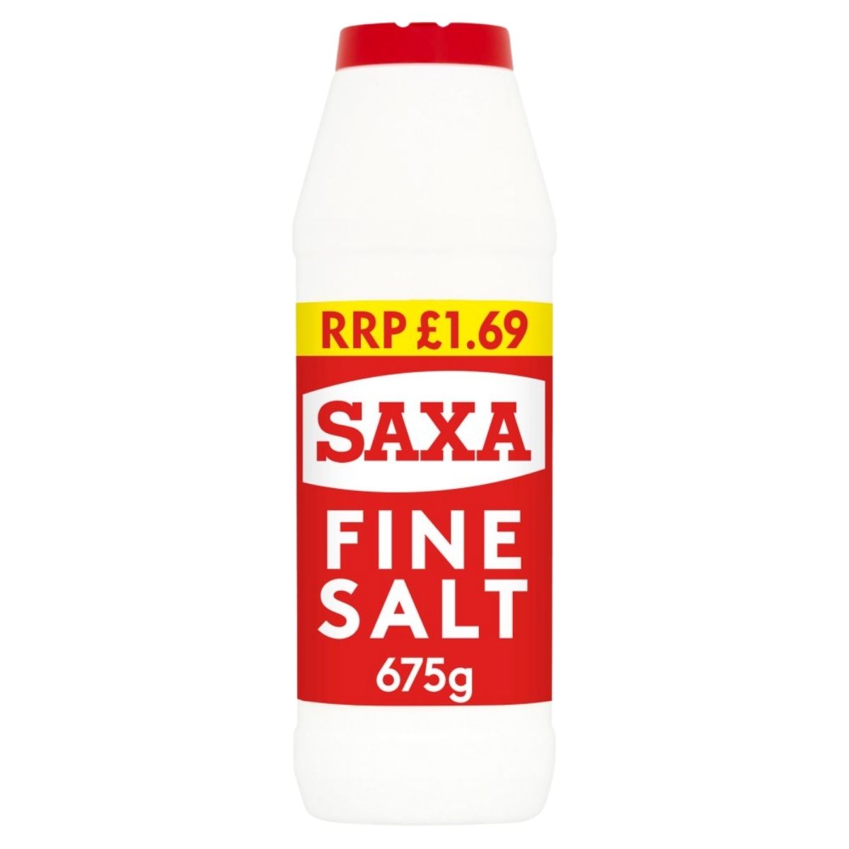 A 675g Saxa Fine Salt container, ideal for cooking or as table salt, features a red and white label and a yellow price banner showing "RRP £1.69".