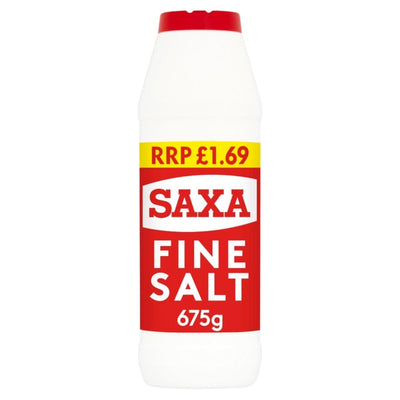 A 675g Saxa Fine Salt container, ideal for cooking or as table salt, features a red and white label and a yellow price banner showing "RRP £1.69".