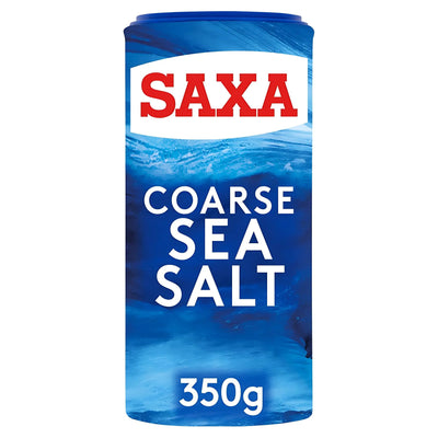 A 350g container of Saxa Sea Salt Coarse, a mineral-rich sea salt featuring a blue design with the brand name displayed in red and white at the top.
