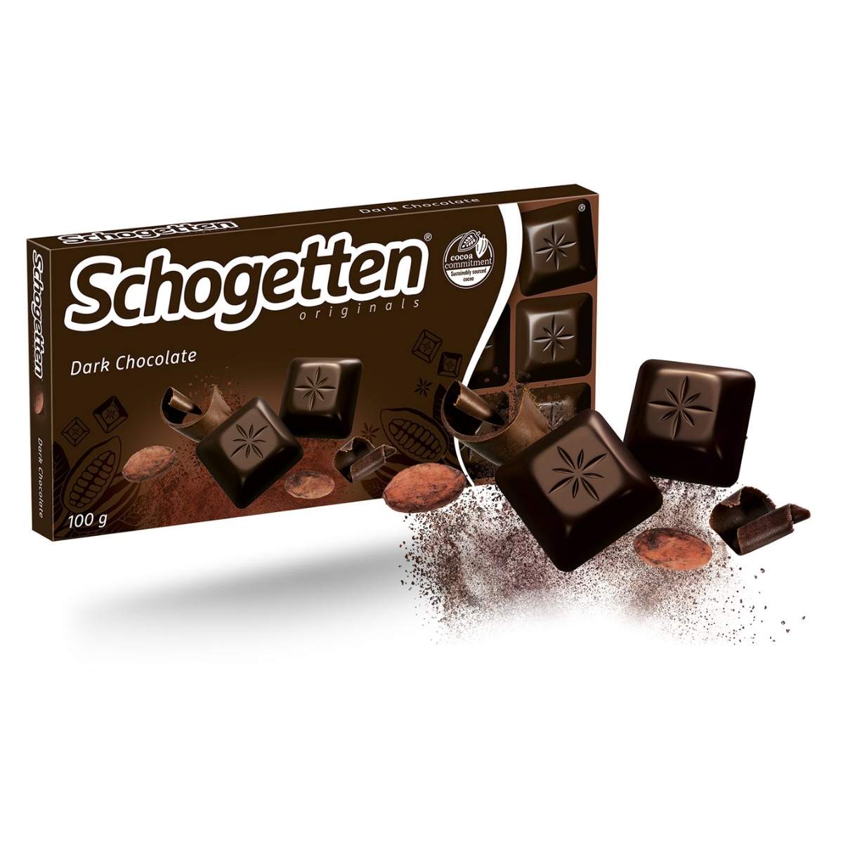 A must-have for chocolate lovers, the Schogetten Dark Chocolate Bar (100g) highlights its high-quality ingredients, with scattered pieces and cocoa powder artfully surrounding it.