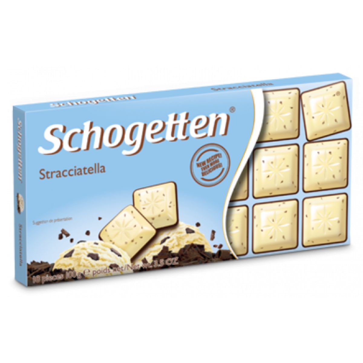 A box of Schogetten - White Chocolate with Pieces of Roasted Crushed Cocoa Beans and Dark Chocolate - 100g, featuring a close-up of the individually segmented white chocolate squares with chocolate flakes, offering a unique flavor experience.