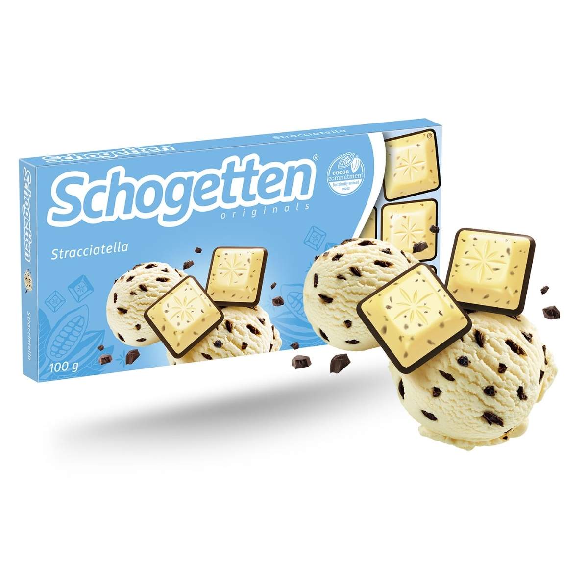 A box of Schogetten - White & Dark Chocolate Bar Pieces - 100g is displayed alongside chocolate pieces and creamy white chocolate ice cream scoops with rich chocolate chips on a pristine white background.