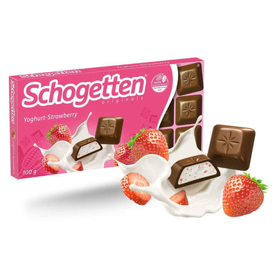 The Schogetten Strawberry Yoghurt Chocolate Bar (100g) combines tangy strawberry pieces with creamy yogurt and milk chocolate squares.