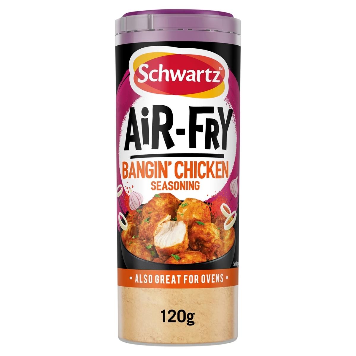Schwartz Air Fry Bangin Chicken Seasoning 120g by Schwartz, with an image of seasoned chicken on the label, is also great for oven cooking.