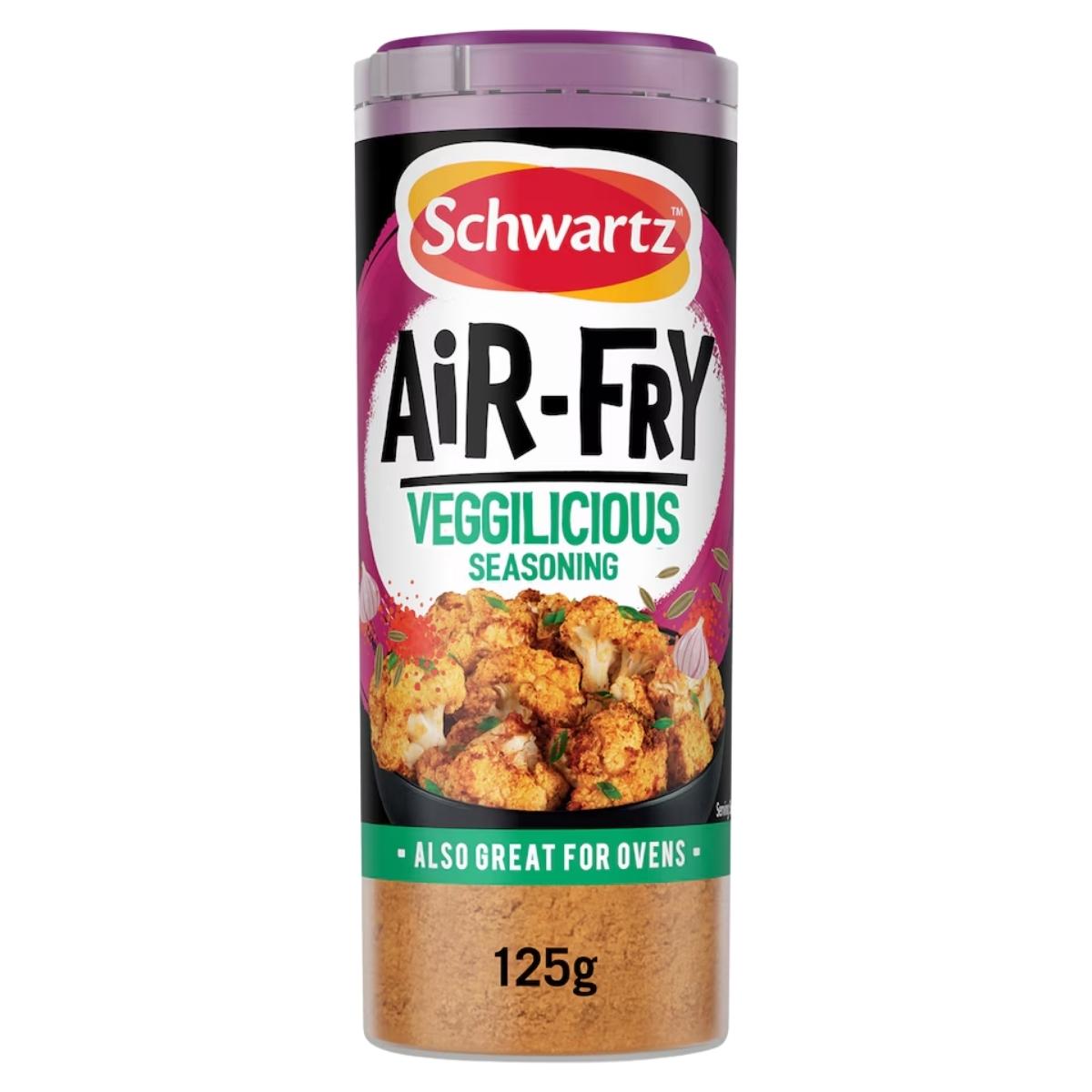 Schwartz Air Fry Veggilicious Seasoning 125g features spiced veggies on the label and notes it's also ideal for oven use. Made by Schwartz, it delivers vibrant flavor with quality spices like paprika in every dish.