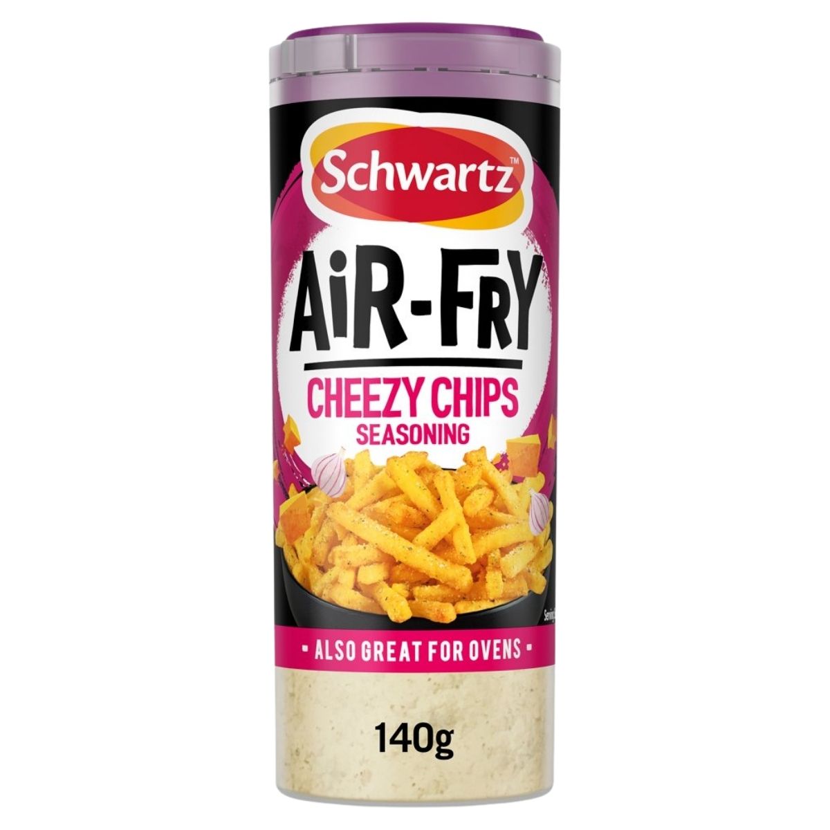 A 140g container of Schwartz Air Fry Cheezy Chips Seasoning by Schwartz, featuring seasoned fries on the label and also suitable for oven use.