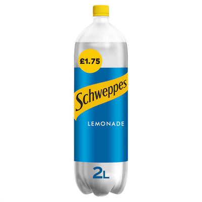 A 2L bottle of Schweppes Lemonade by Schweppes, featuring a blue and yellow label, is priced at £1.75.