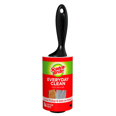 The Scotch Brite Everyday Clean Lint Roller features 56 easy-tear sheets, a black handle, and red label—ideal for removing pet hair and safe for use on fabric.