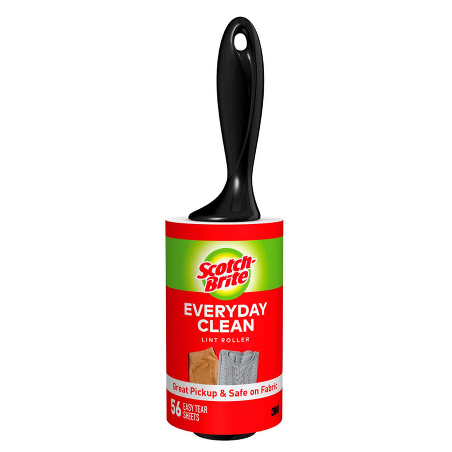 The Scotch Brite Everyday Clean Lint Roller features 56 easy-tear sheets, a black handle, and red label—ideal for removing pet hair and safe for use on fabric.