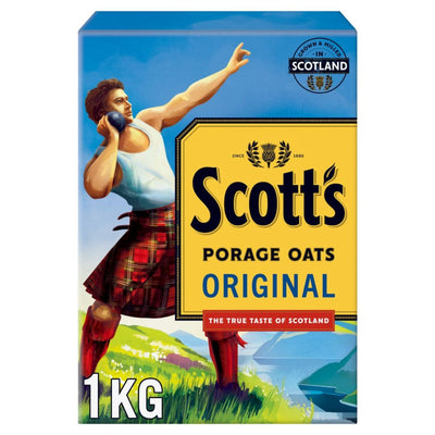 Scott's Porage Original Porridge Oats 1kg box features a kilted man pouring 100% oats with a Scottish landscape backdrop—ideal for anyone seeking vegan oats.