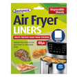 Package of Sealapack - Air Fryer Liner Square - 40pcs, for non-stick cooking, measuring 20 cm square. Depictions include cooked steak, fried chicken, and fries in an air fryer.