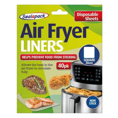 Package of Sealapack - Air Fryer Liner Square - 40pcs, for non-stick cooking, measuring 20 cm square. Depictions include cooked steak, fried chicken, and fries in an air fryer.