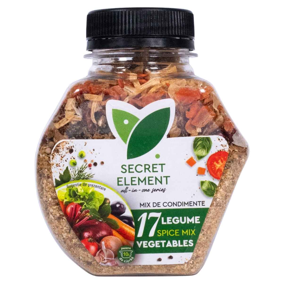 Secret Element - 17 Legume Spice Mix Vegetables (150g) is a seasoning blend with mixed dried vegetables, packaged in a plastic jar with a green label featuring assorted vegetable images—ideal for adding aromatic flavor to your dishes.