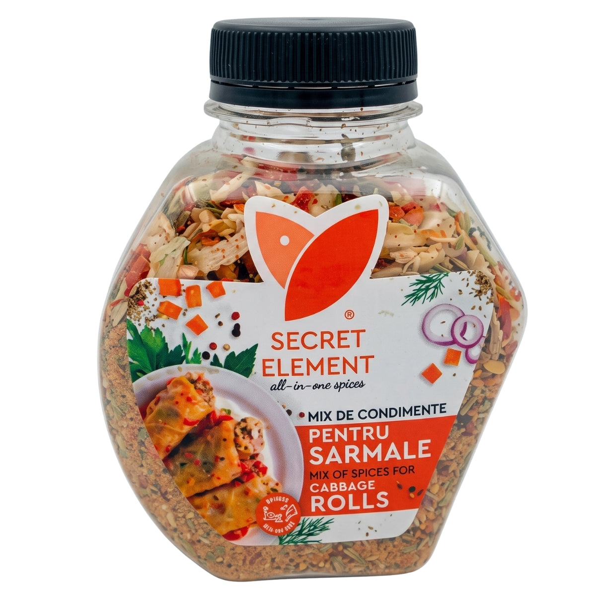 A clear plastic bottle of Secret Element All-in-one Spice Mix for Sarmale (cabbage rolls) with a black ribbed cap, shown on a solid white background.