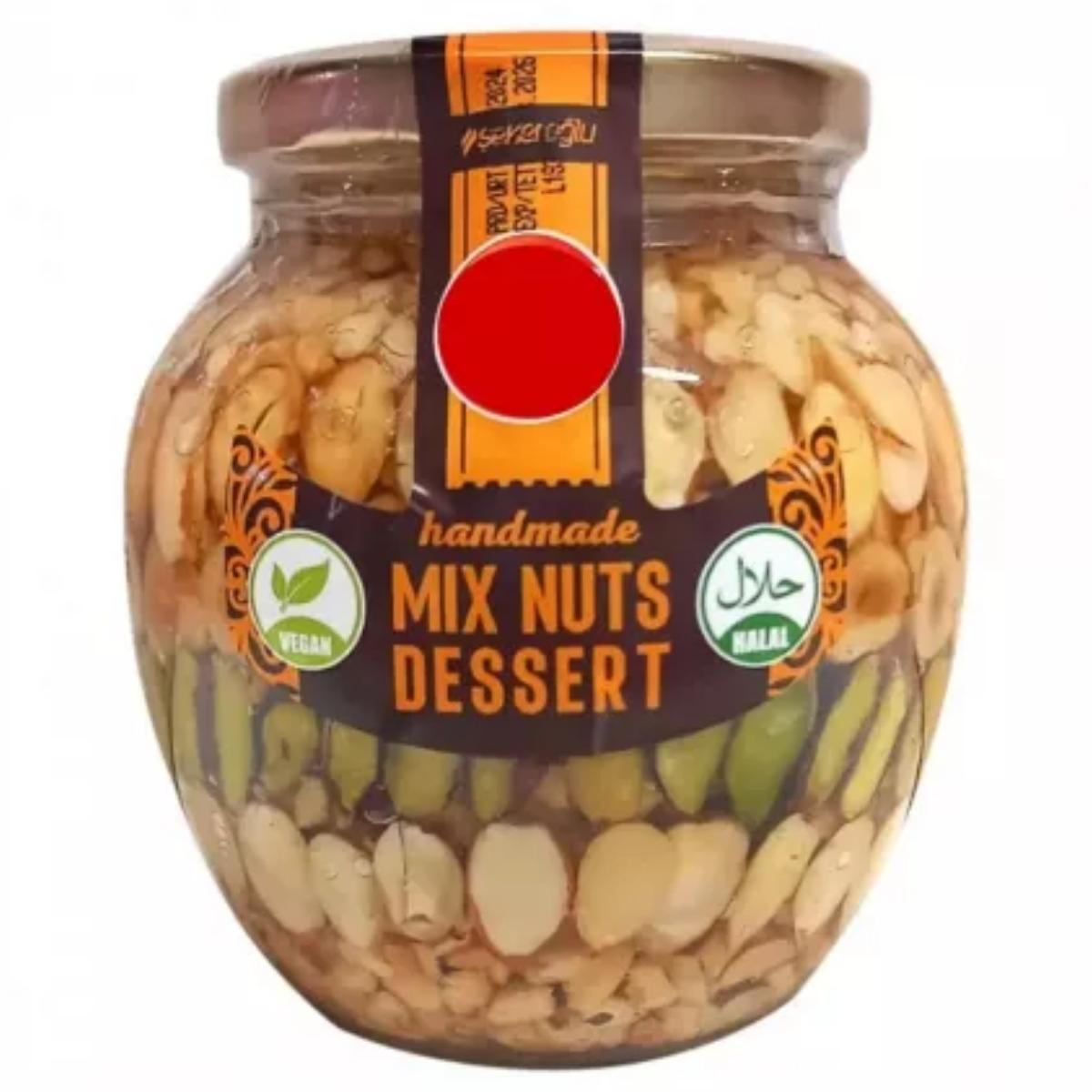 Glass jar of Sekeroglu Handmade Mix Nuts Dessert, labeled vegan and halal, weighing 420g.