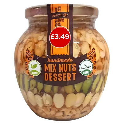 A 420g glass jar of Sekeroglu Handmade Mix Nuts Dessert (Halal), filled with premium nuts and featuring the Sekeroglu brand, priced at £3.49.