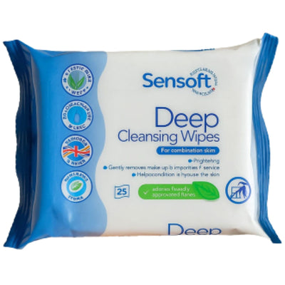 Sensoft Deep Cleansing Wipes for combination skin—25 wipes per pack from sensoft, plant-based and prominently displaying certification logos on the front.