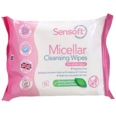 A pink and white pack of sensoft Micellar Cleansing Wipes (25 wipes) for sensitive skin, dermatologically tested, vegan, and made from biodegradable plant-based materials.