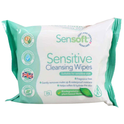 The sensoft Sensitive Cleansing Wipes pack contains 25 fragrance-free wipes made with biodegradable plant-based fibers, ideal for gentle cleansing of delicate skin.