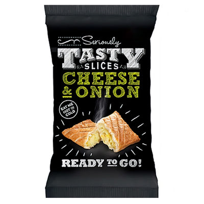 A black package labeled "Seriously Tasty Slices" features an image of a baked Cheese and Onion Slice Roll (150g) with the text "Ready to Go!".