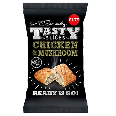 A pack of Seriously Tasty - Chicken Mushroom Slice Rolls (150g) by Seriously Tasty, featuring two flaky pastries with a £1.79 price tag and "Ready to Go!" for meal convenience.