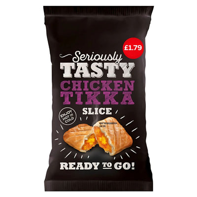 A black packet labeled "Seriously Tasty - Chicken Tikka Slice - 150g" features a pastry slice image and an authentic flavor promise. The £1.79 price appears at the top right, making this savoury snack tempting.