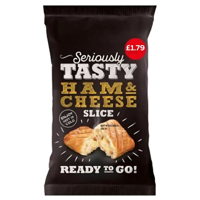 A black packet of Seriously Tasty - Ham Cheese Slice Rolls (150g) displays a sliced pastry image. Ideal for lunch or snacks, it’s marked £1.79. Pack reads "Ready to go!" and “Enjoy hot or cold.” Brand: Seriously Tasty.