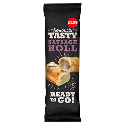 A packaged "Seriously Tasty - Sausage Slice Rolls - 150g" displays "Seriously Tasty Sausage Roll," "Ready to Go!" and a £1.59 price on its wrapper.