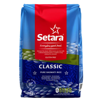 Bag of Setara - Classic Basmati Rice - 2kg, with red and blue packaging, gluten-free, and labeled for everyday good food. Savor the authentic flavor of top-quality rice in every meal.