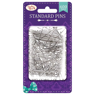 A pack of 600 Sewing Box Standard Pins, essential for sewing, comes in a clear plastic case on a purple card marked "Sewing Box - Standard Pins - 600pcs.