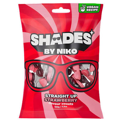 A 150g bag of Shades - Straight Up Strawberry features a bold red design, sunglasses graphics, and a "Vegan Recipe" label—delicious natural strawberry candy from Shades, perfect as a sweet gift.