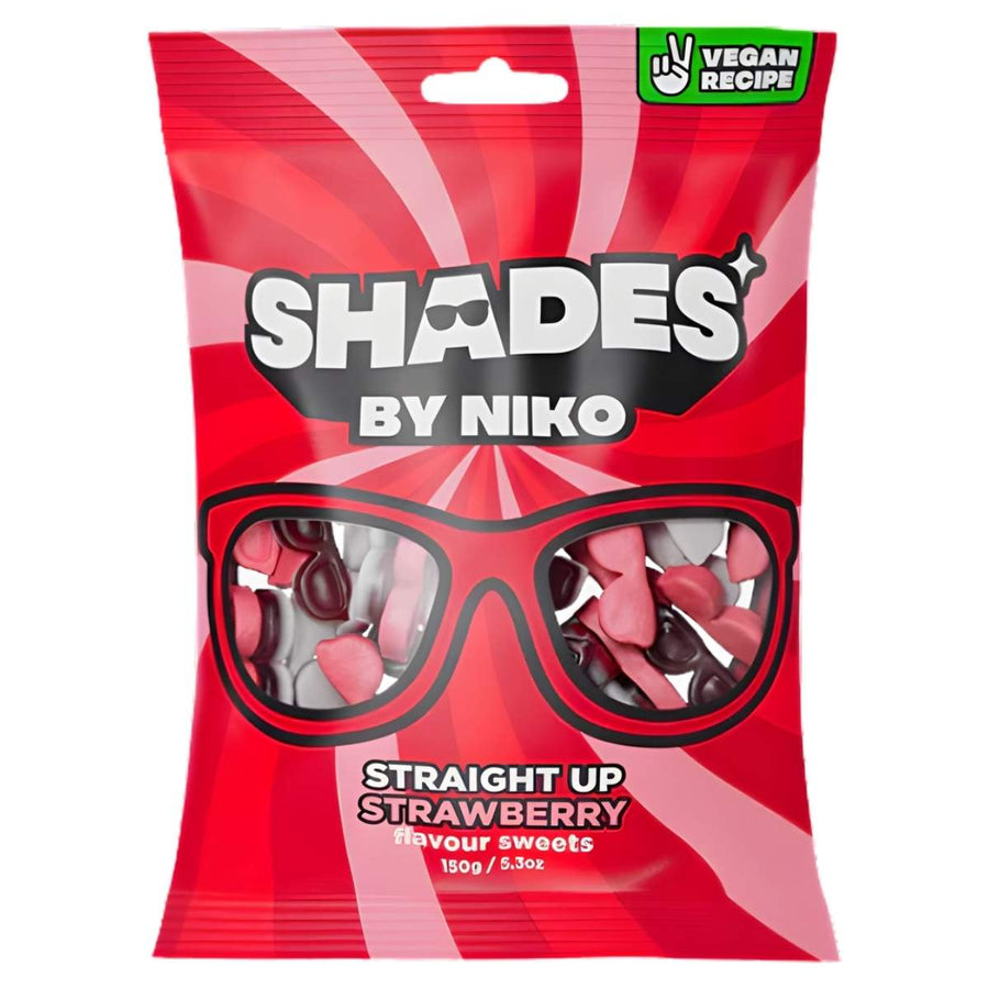 A 150g bag of Shades - Straight Up Strawberry features a bold red design, sunglasses graphics, and a "Vegan Recipe" label—delicious natural strawberry candy from Shades, perfect as a sweet gift.