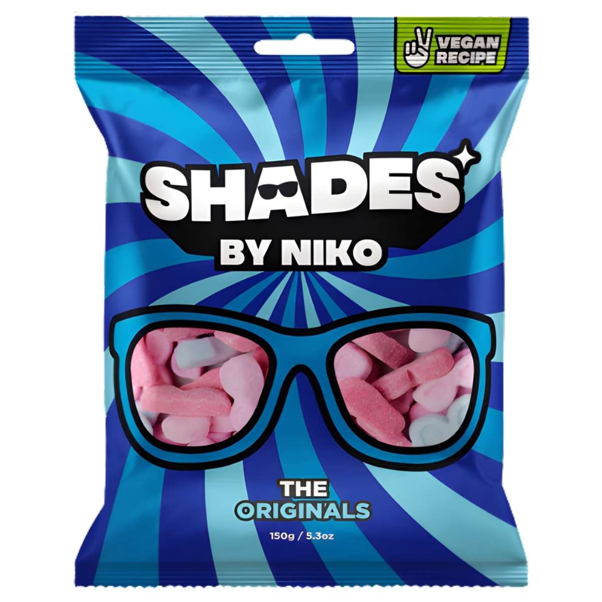 A blue-striped bag of Shades - The Originals - 150g vegan gummy candy by Shades, shaped like sunglasses, features pink and white gummies visible through a glasses-shaped window for an authentic classic treat.