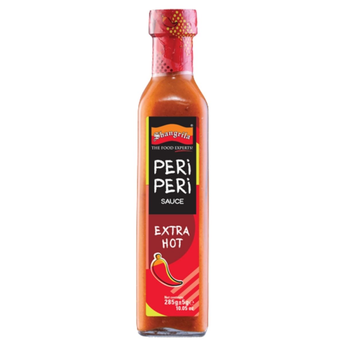 A 285g bottle of Shangrila Peri Peri Extra Hot Sauce featuring a red chili graphic on the label.