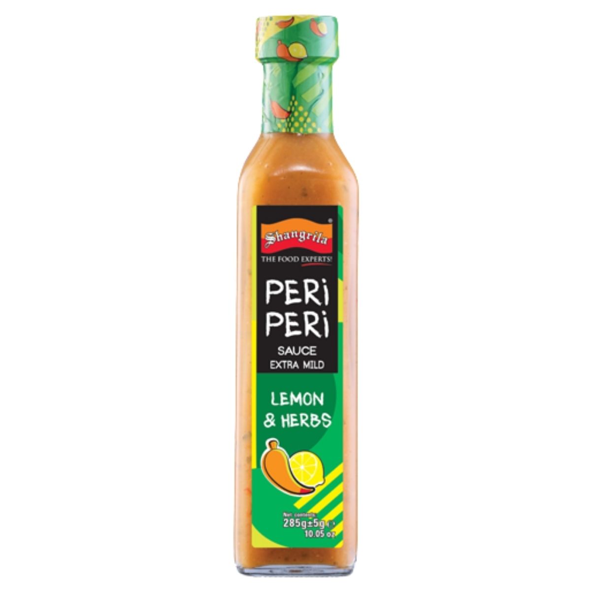Peri peri sauce bottle with green label on a white background