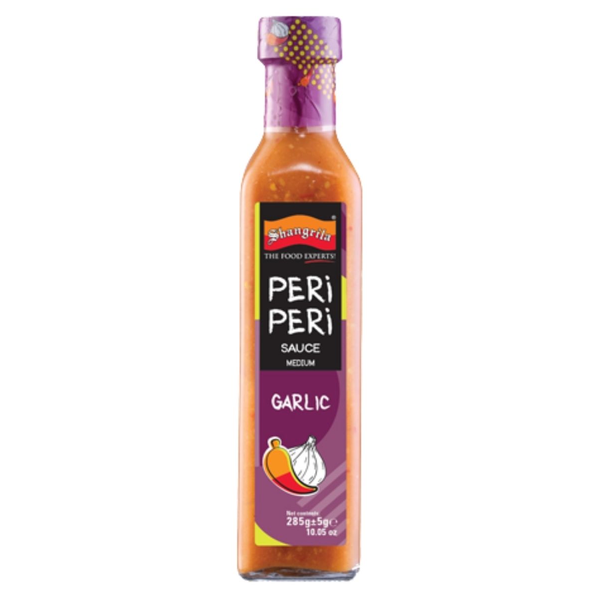 Shangrila - Peri Peri Garlic Sauce, 285g, medium spiciness, garlic flavor; features a purple cap with a label showing garlic and chili illustrations.