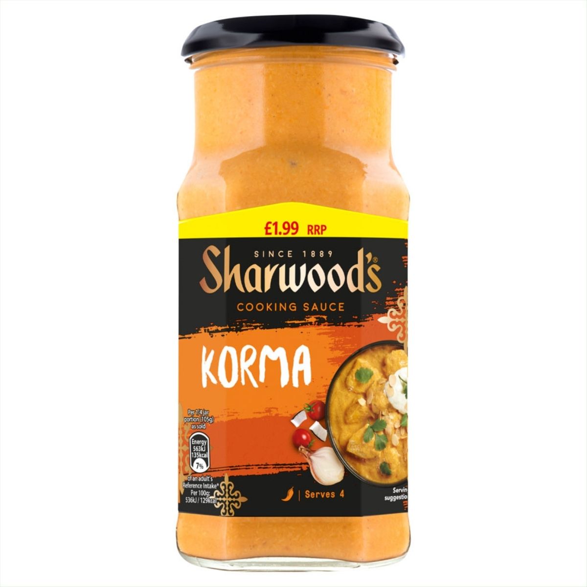 Genuine Sharwood's Korma Cooking Sauce, 420g, featuring a price label and mouth-watering serving suggestion on the packaging.