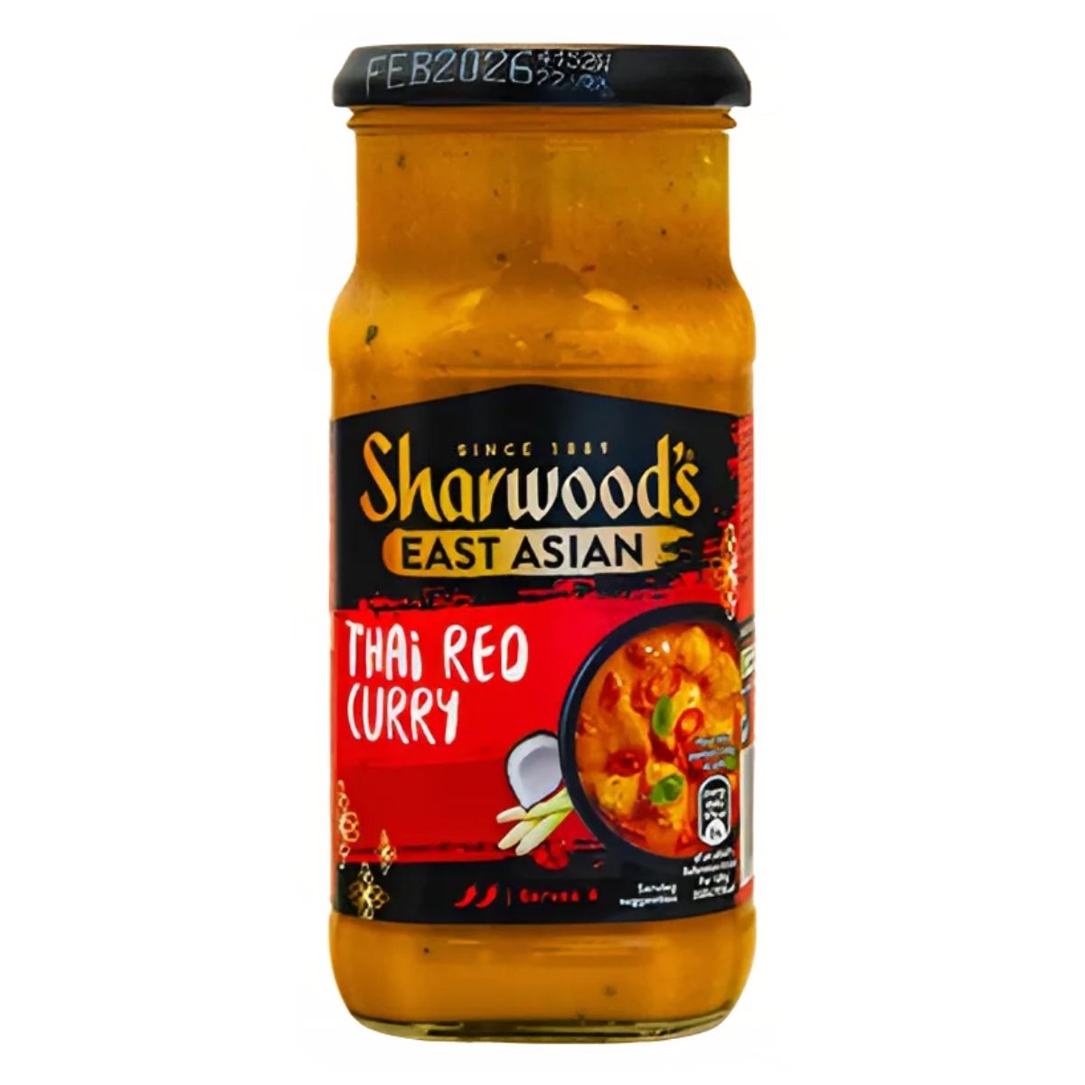 A jar of Sharwood's Thai Red Curry sauce, containing 415g, crafted with authentic ingredients, has a black lid and an expiration date of February 2026.