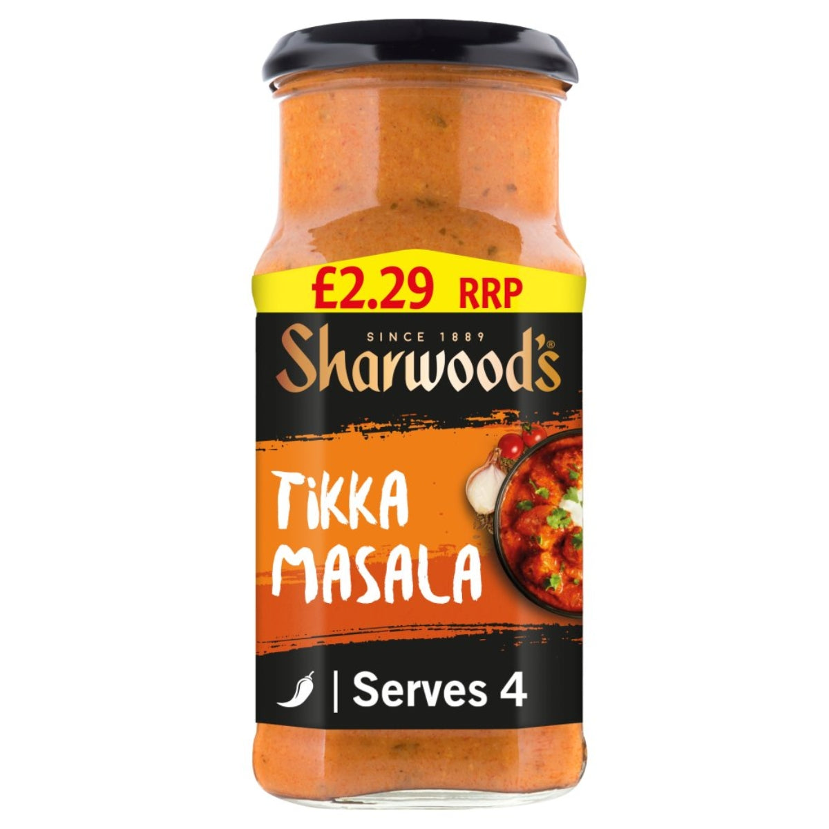 Sharwood's Tikka Masala sauce in a clear glass jar with a black lid and a black, orange, and yellow label, shown on a white background.