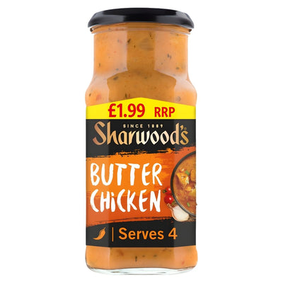Sharwoods Butter Chicken Cooking Sauce (420g) offers creamy Indian flavours, serves 4, costs £1.99, and comes in a jar with an orange label featuring a small image of the dish.